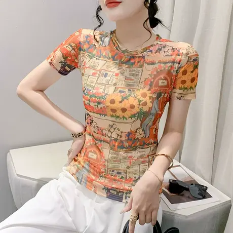复古印花T恤女短袖洋气百搭网纱小衫气质圆领上衣修身别致小衫夏商品大图