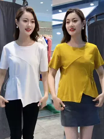 设计感腰部抽褶显瘦短袖t恤2023夏季新款百搭圆领别致不规则上衣图片