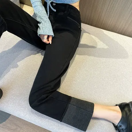 拼接直筒牛仔裤女春秋卷边小个子八分裤高腰黑色显瘦九分烟管裤商品大图