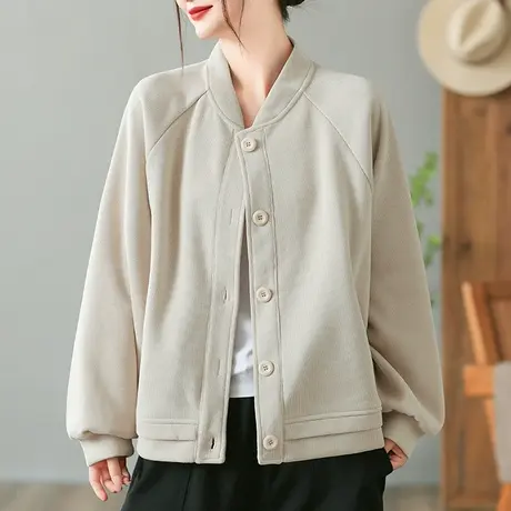 dza 复古短款棒球服女春秋新款宽松外套女装休闲立领上衣运动开衫图片