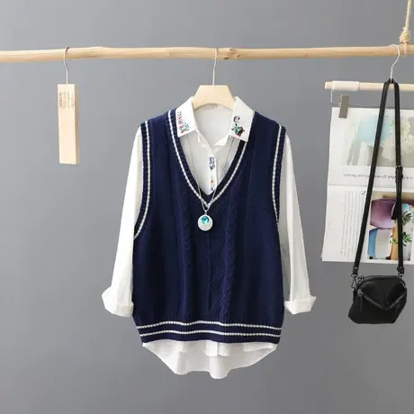 经典学生针织背心马甲女秋装新款叠穿外穿V领无袖打底衫毛衣坎肩商品大图