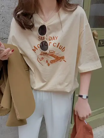 纯棉短袖t恤女2024新款夏季宽松半袖ins设计感小众chic港味上衣服商品大图
