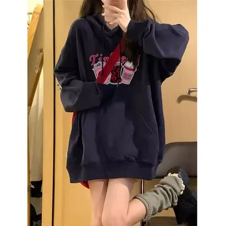 美式复古oversize卫衣女2023春秋薄款宽松设计感小众上衣连帽外套图片