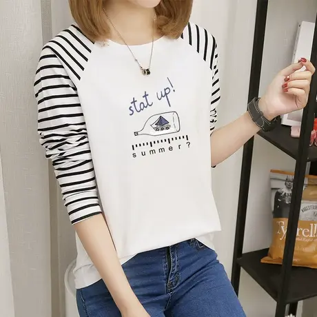 早秋款纯棉上衣春装2022年新款宽松长袖t恤女士条纹袖显瘦女装潮图片
