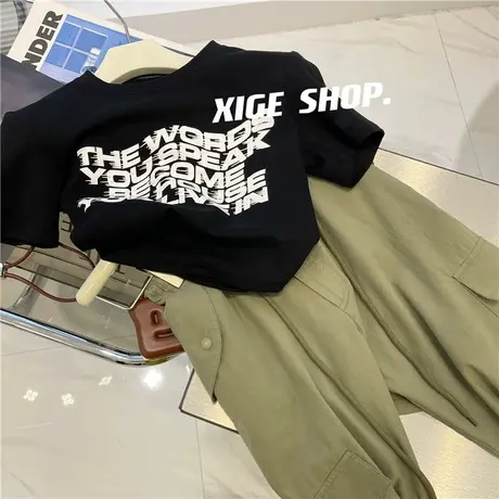 黑色字母印花短袖T恤女夏季修身显瘦辣妹露脐垫肩短款上衣体恤ins商品大图