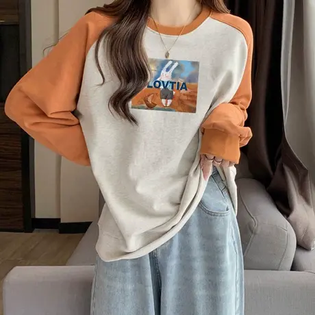 欧货潮牌插肩长袖卫衣女2024春秋新款加绒加厚宽松拼色圆领上衣服商品大图