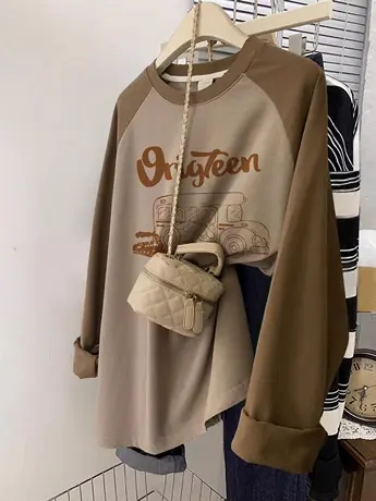 正肩女t恤长袖秋季打底衫复古风chic纯棉大码ins美式卡通内搭上衣图片