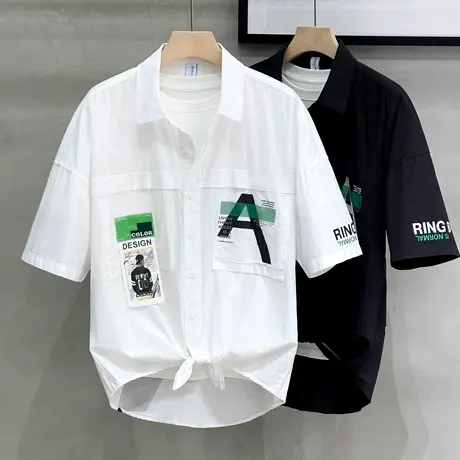 男装夏季新款短袖衬衫日系宽松工装潮流设计感五分中袖外穿衬衣男商品大图