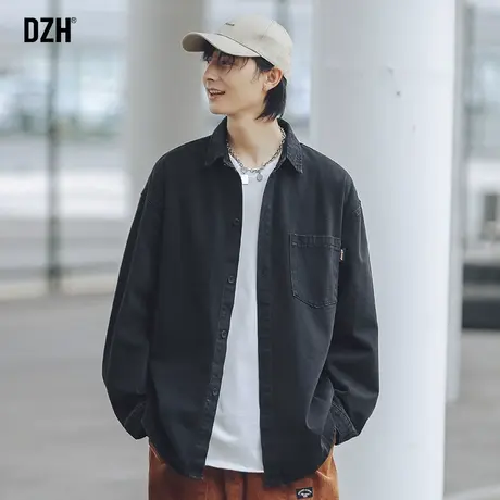 男士黑色牛仔衬衫男秋季长袖高级感外套2023新款潮牌韩版寸衫衣服商品大图