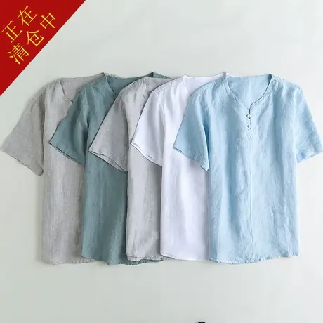 断码99元/件亚麻上衣男T恤宽松纯色休闲男装衬衫薄款夏季男士衬衣商品大图