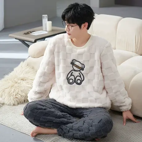 珊瑚绒睡衣男秋冬2023新款套头冬季加绒加厚法兰绒家居服男士冬款图片