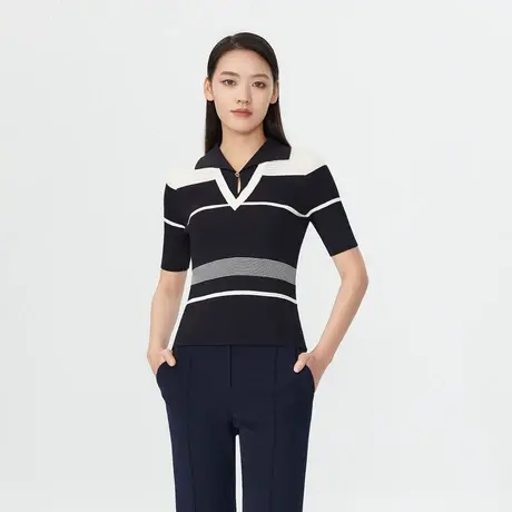 朗姿 拼色条纹polo领女式毛针织衫线下商场同款奥莱图片