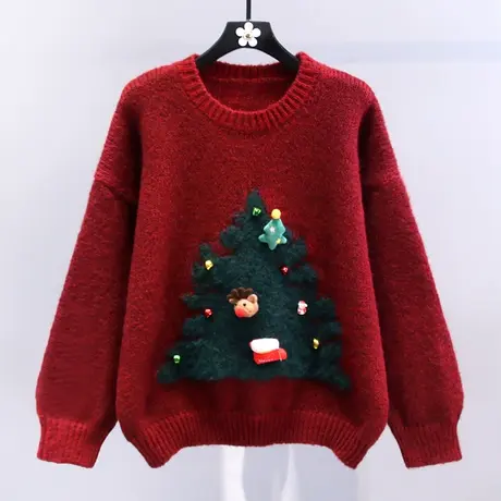 复古圣诞树红色毛衣女冬季2023新款宽松慵懒风高级感圆领针织衫商品大图