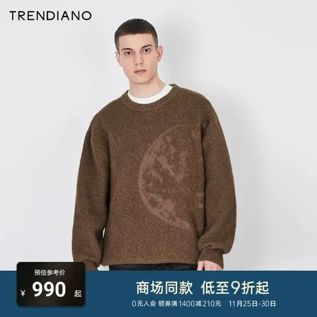 TRENDIANO2023年冬季提花设计宽松圆领套头衫毛衣男潮图片