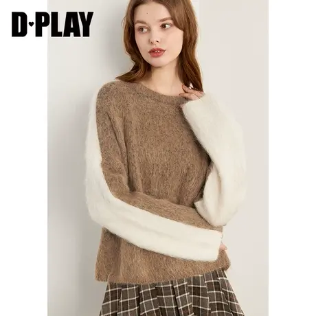 DPLAY 冬柔软BABY羊驼毛慵懒风卡其拼杏宽松针织套头毛衣商品大图