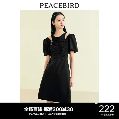 太平鸟时尚露肩连衣裙年夏季新款小众设计感法式泡泡袖长裙女图片