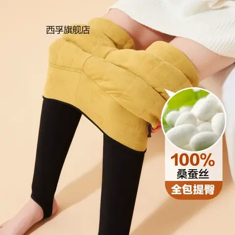 蚕丝羊毛打底裤女加绒加厚2022冬季高腰弹力保暖踩脚裤一体裤棉裤商品大图