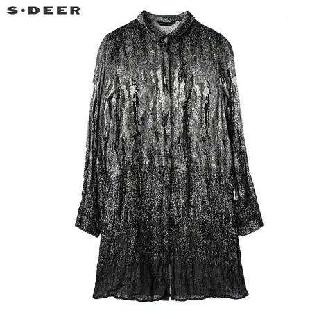 sdeer圣迪奥春装做旧感绣线点缀斑驳棉麻长款衬衫女S17180549图片
