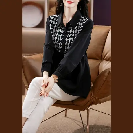 伊自尚2024年新款胖mm大码女装春季上衣洋气polo领假两件拼接衬衫图片