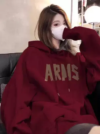 酒红色高级感卫衣女秋冬加绒加厚连帽宽松美式高街小众外套慵懒风商品大图