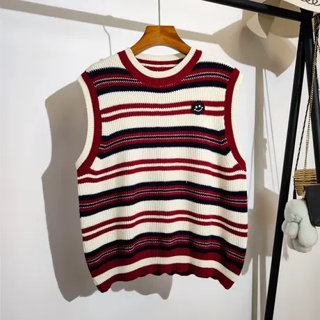 条纹撞色针织背心马甲女秋冬新款圆领内搭无袖毛衣坎肩外穿学院风图片