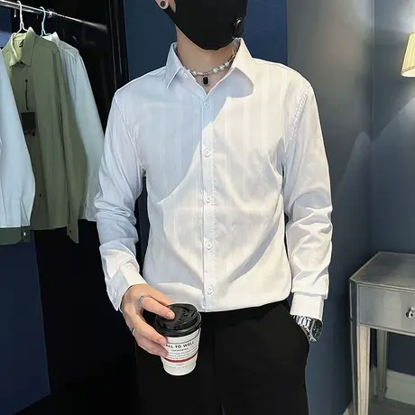 2023秋季新款纯色小众休闲长袖衬衫男高级感条纹衬衣韩版修身上衣商品大图