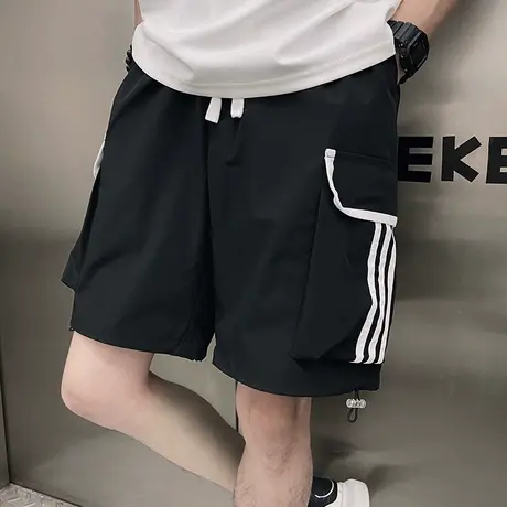 夏季宽松潮流百搭直筒工装潮牌休闲条纹设计大口袋五分款运动短裤商品大图