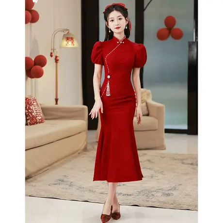 旗袍敬酒服2023新款新娘鱼尾法式订婚礼服女红色连衣裙中长款夏季图片