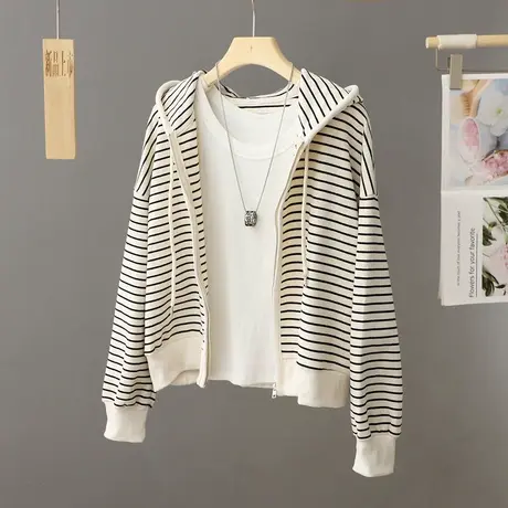 2024新款春秋宽松小个子短款毛衣连帽条纹外搭针织开衫外套上衣女图片