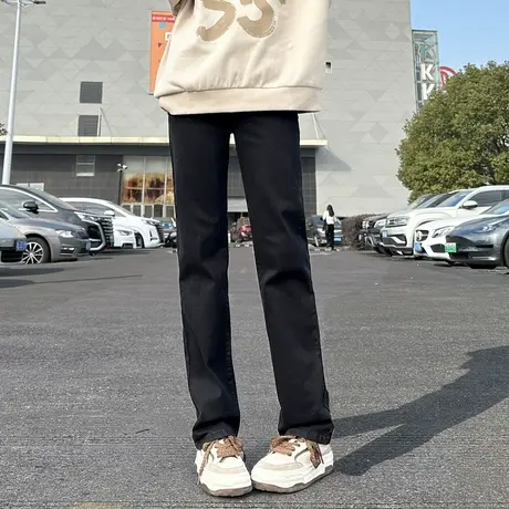 唐狮24春季新款牛仔裤女高街时尚窄版直筒裤潮酷韩版百搭黑色裤子商品大图