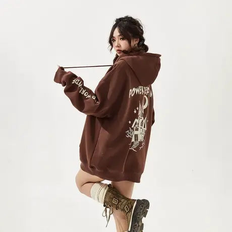 YEP美拉德穿搭连帽卫衣女春秋2024年新款复古印花情侣装宽松外套商品大图