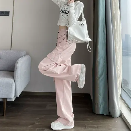 美式复古粉色工装牛仔裤女春秋2024新款高腰显瘦多口袋阔腿拖地裤商品大图