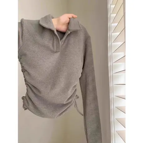 辣妹德绒长袖T恤女春季抽绳褶皱下摆上衣短款V领POLO衫打底小衫商品大图