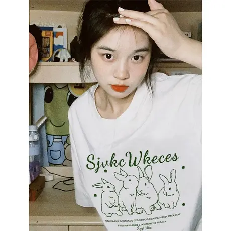 夏季白色短袖t恤女oversize小众设计感美式复古圆领宽松百搭上衣商品大图