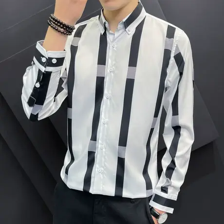 薄款长袖衬衫男秋季宽松尖领条纹印花衣服寸衫冰丝大码青少年衬衣商品大图