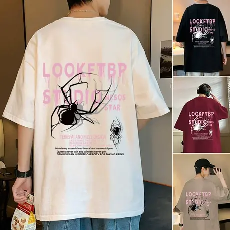 2024新款纯棉宽松短袖t恤男夏季潮牌蜘蛛字母圆领半袖男生体恤衫商品大图