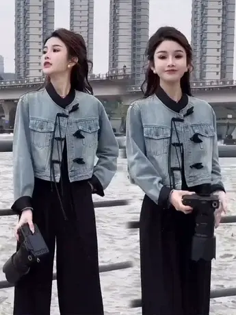 2024春季新款气质高级感新中式牛仔外套女显瘦设计感盘扣短款上衣商品大图