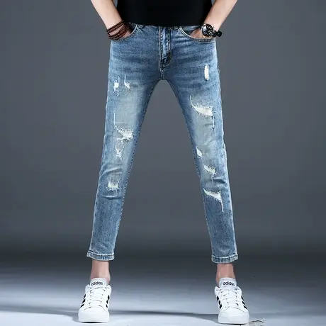 夏季破洞九分牛仔裤男款2024新款弹力小脚修身裤子潮牌痞帅炸街男图片