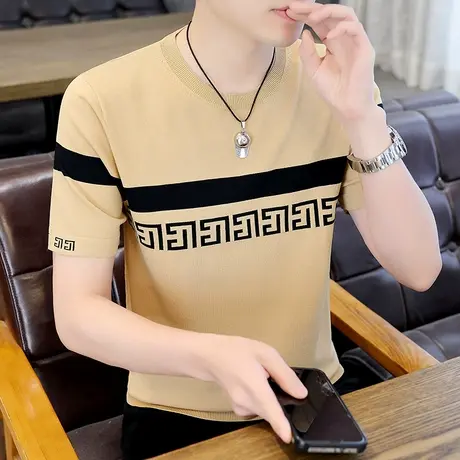 t恤男款短袖潮流拼色夏季冰丝感速干衣服ins薄款圆领百搭针织半袖商品大图