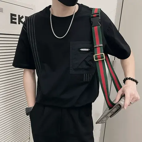 夏季潮牌ins条纹拼接短袖t恤男个性t恤设计感宽松半截袖男装上衣商品大图