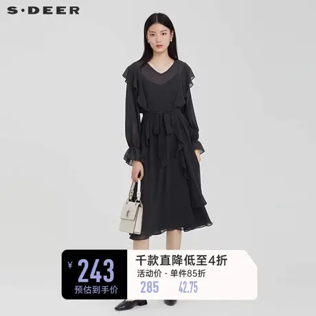 sdeer圣迪奥女装V领黑色收腰雪纺吊带两件套气质连衣裙S223Z127F图片