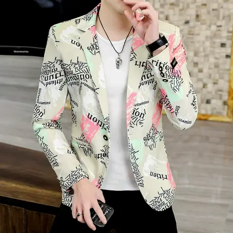 春季潮流印花小西装男士韩版帅气休闲西服外套发型师时尚彩色衣服商品大图