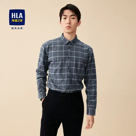 HLA/海澜之家保暖亲肤格子长袖衬衫秋季暖绒纯棉休闲舒适衬衣男图片