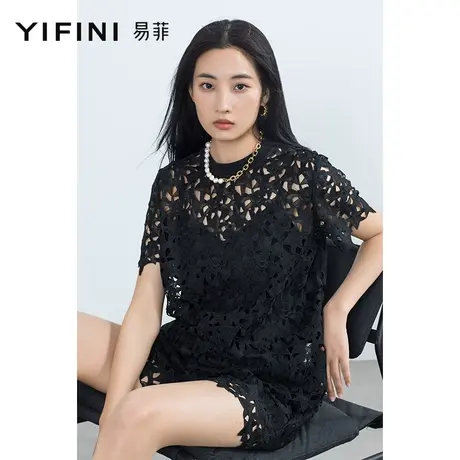 Yifini/易菲蕾丝绣花短袖圆领T恤女2023夏季新款复古优雅上衣商品大图
