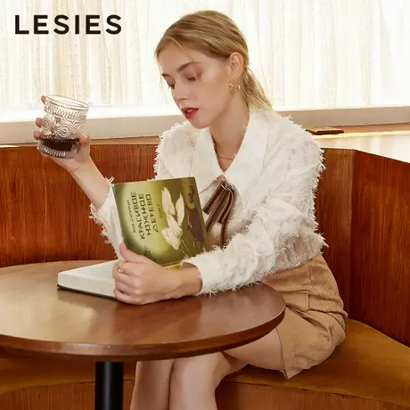 LESIES蓝色倾情春秋女装流苏感针织带装饰OL长袖衬衫上衣赠别针商品大图