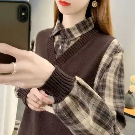 衬衫领假两件格子拼接长袖上衣女宽松韩版套头打底衫春秋季翻领潮商品大图