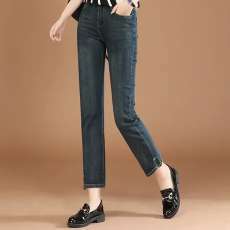 韩潮袭人高腰直筒牛仔裤子女秋季2023新款显瘦开叉微喇叭烟管长裤商品大图