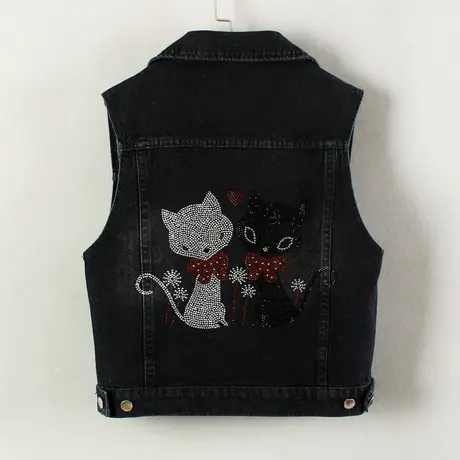 牛仔马甲女背心短款春秋夏宽松新款无袖大码外搭显瘦黑色镶钻坎肩商品大图