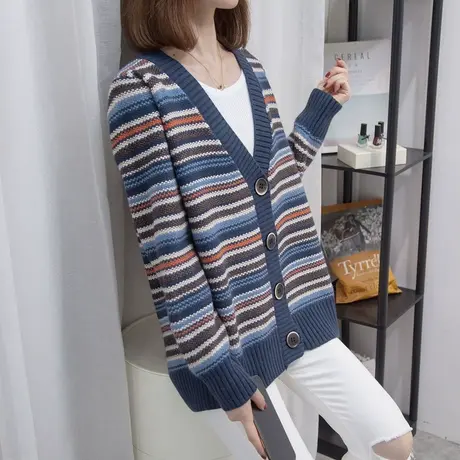 v领条纹复古针织开衫女2023秋冬新款宽松外穿上衣外搭厚毛衣外套商品大图