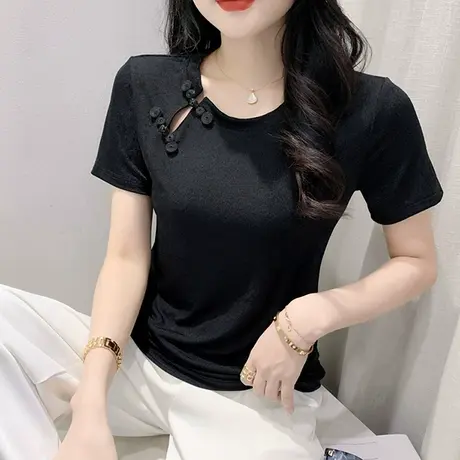 中式复古短袖T恤女2023夏季新款洋气冰丝小衫设计感盘扣圆领上衣图片